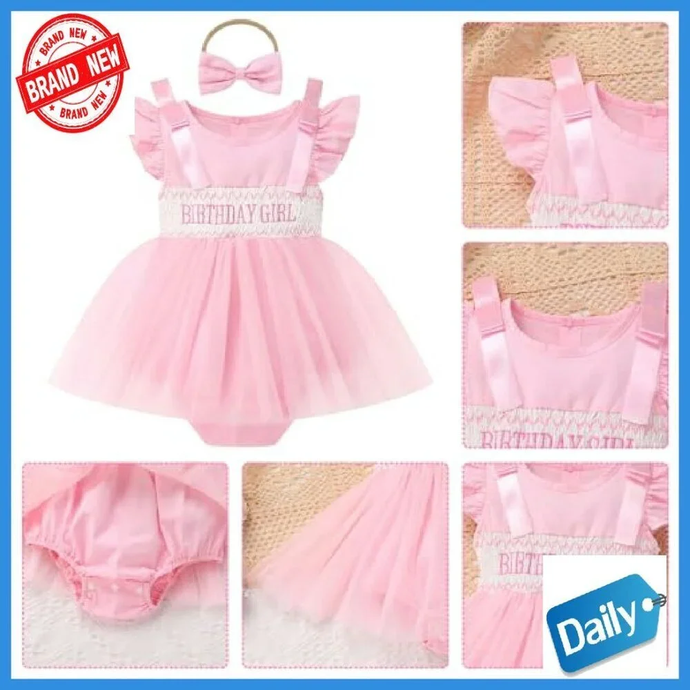 Baby Girl Birthday Tutu Romper Dress with Headband Set